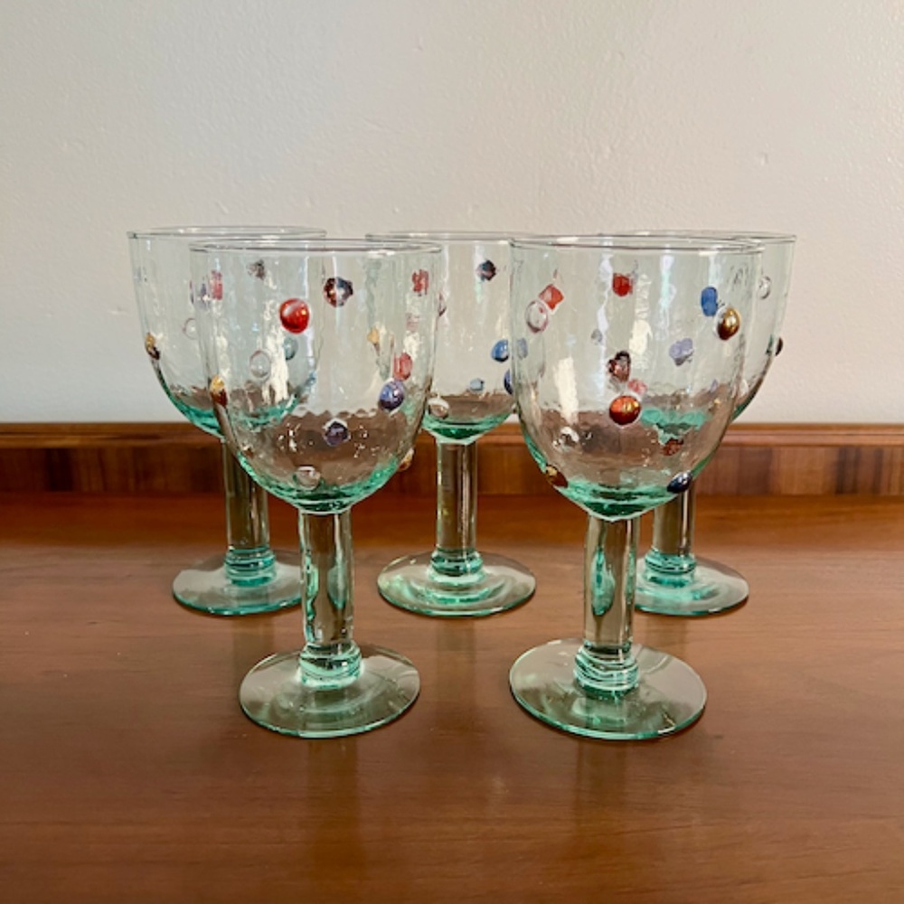 Set of 5 Colorful Polka Dot Water Goblets/Wine Glasses | Cobre Style Glasses